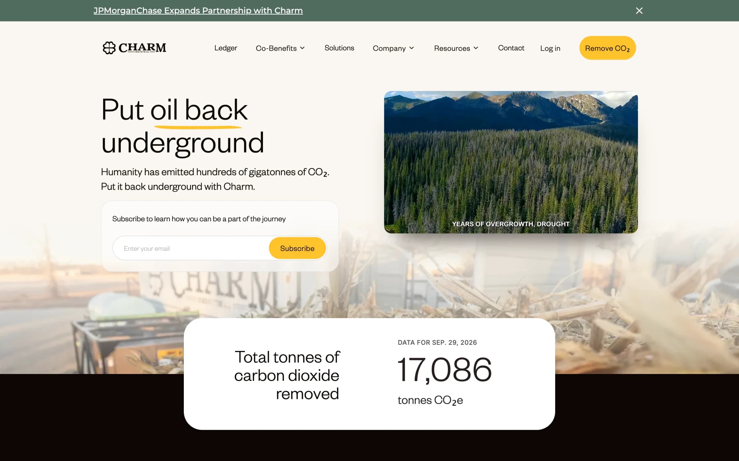 Charm Industrial homepage with live tonnes of carbon dioxide removed