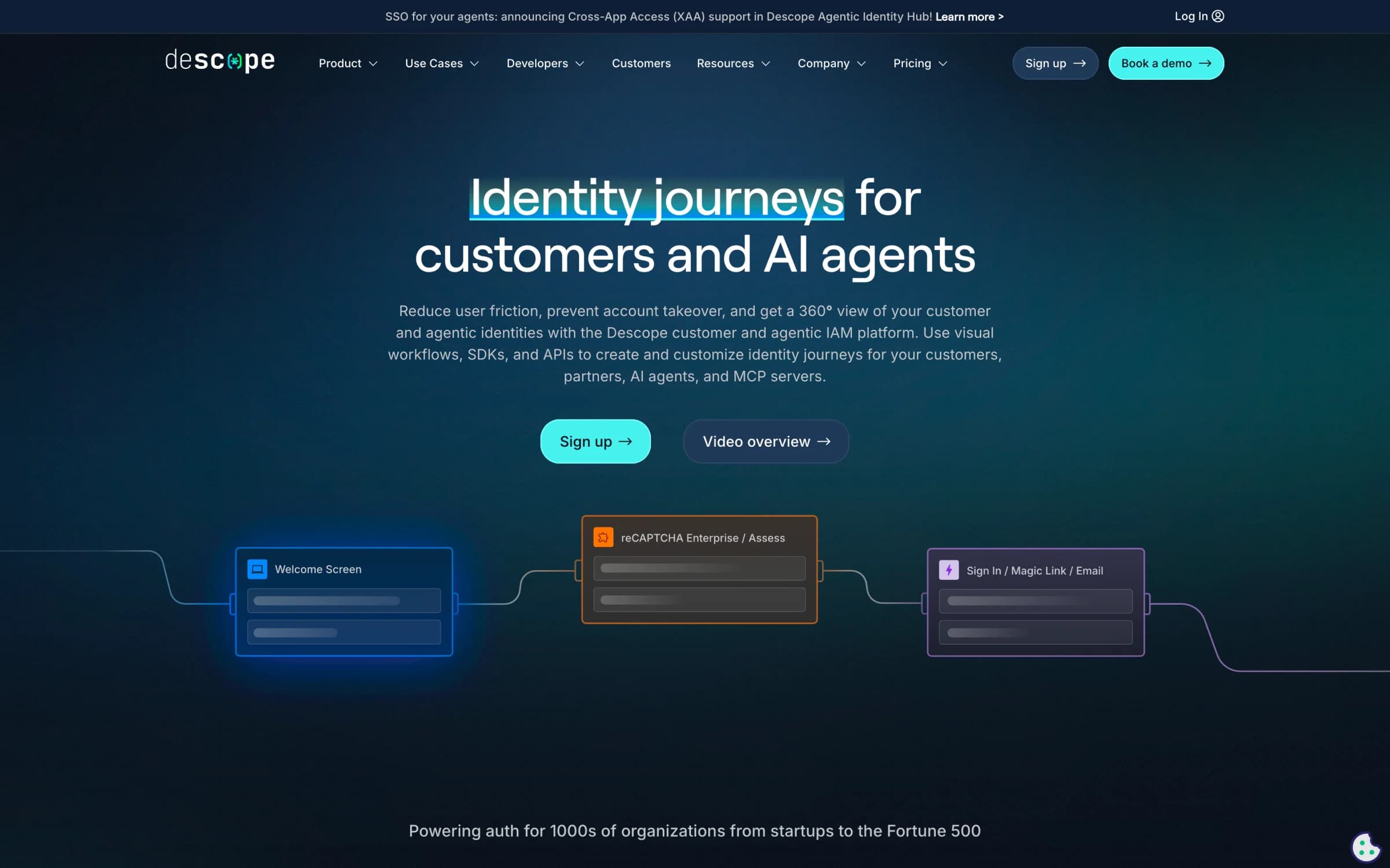 Descope homepage: identity journeys for customers and AI agents