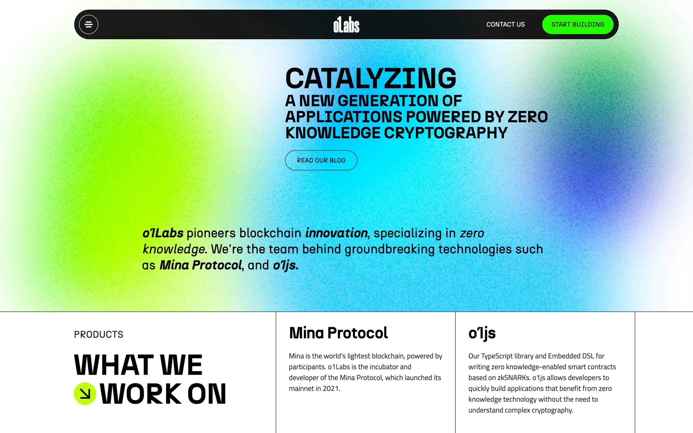 o1Labs homepage about zero knowledge cryptography, Mina Protocol and o1js