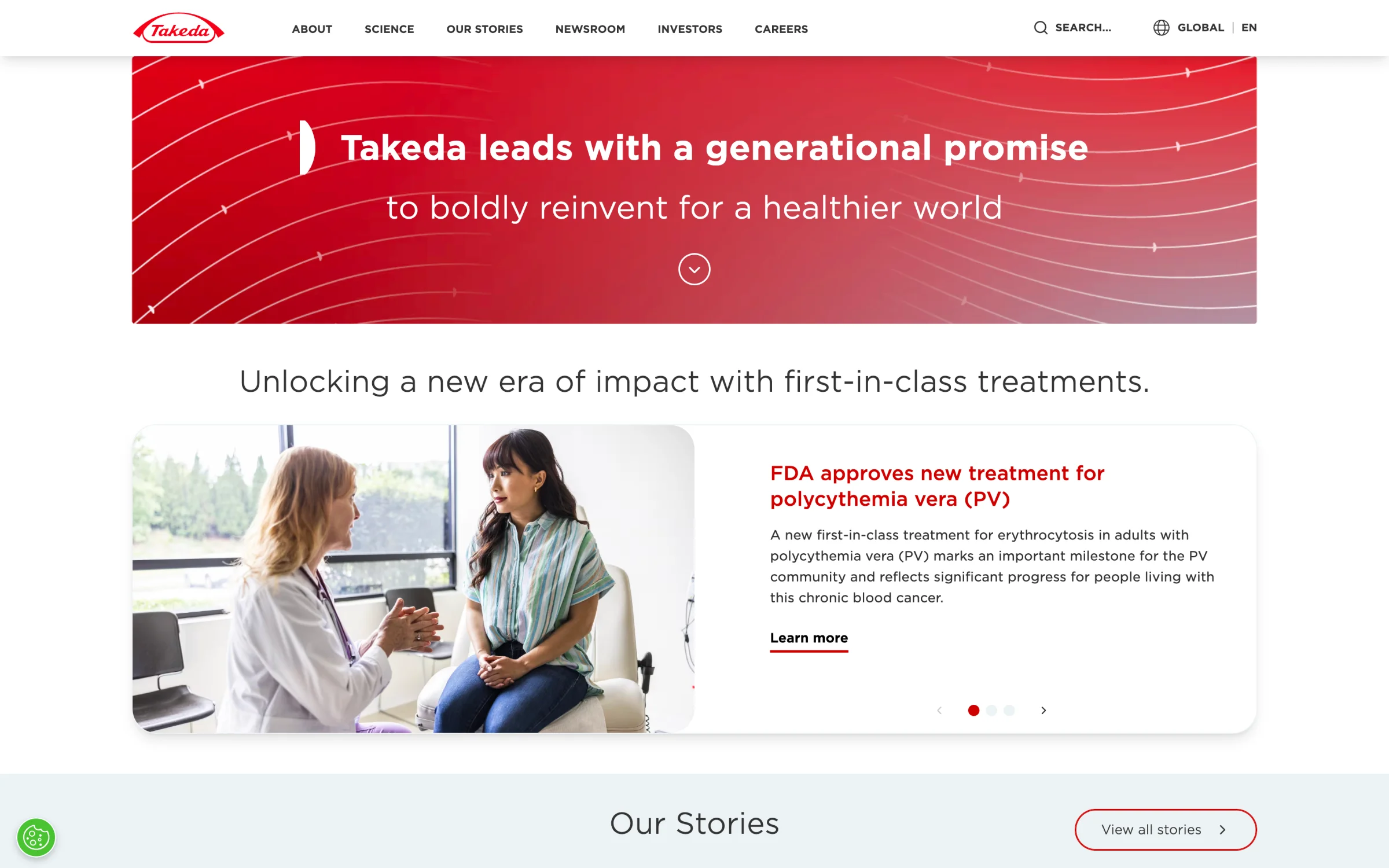 Takeda global homepage with a red hero banner and a news carousel